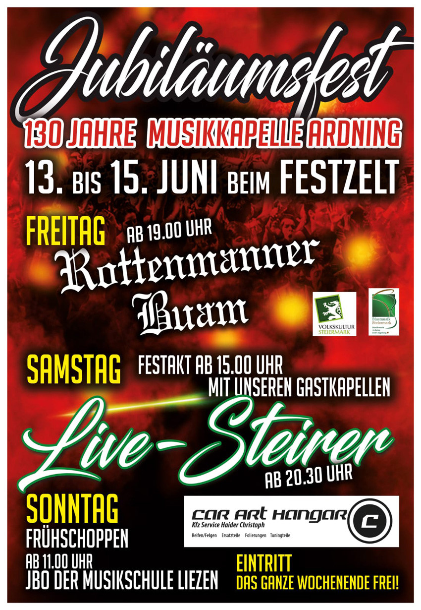  13.-15. Juni: Jubiläumsfest zum 130-jährigen Bestehen der Musikkapelle Ardning 