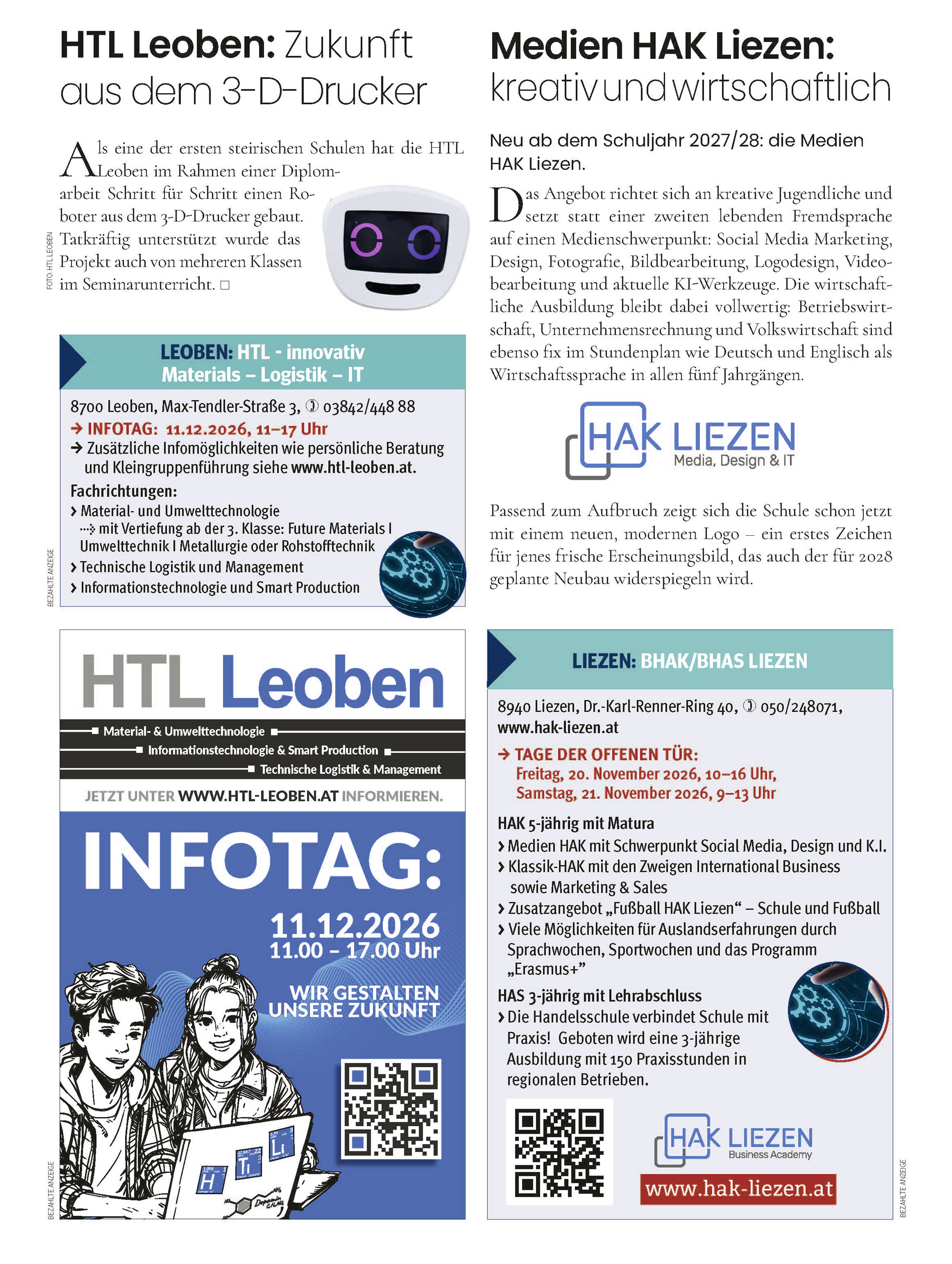 Schulen und ihr Angebot im Bezirk Liezen und darüber hinaus.