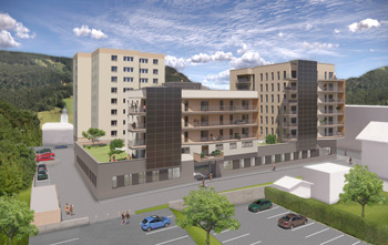Am ehemaligen Standort von Kastner  & Öhler in Liezen wird derzeit auf  Hochdruck gearbeitet. Es entstehen  36 geförderte Mietwohnungen. (Rendering: Arch. Pernthaler)