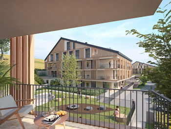 „Das Projekt „Wohnen am See“ in  Aigen im Ennstal fasst gesamt 146  Wohneinheiten, 40 davon werden  geförderte Mietwohnungen der  Siedlungsgenossenschaft Rottenmann. (Rendering: PA31 GmbH)