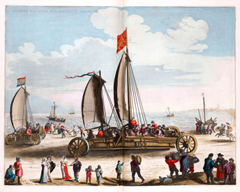Segelwagen von  Simon Stevin  im Jahr 1600,  erbaut für Prinz  Moritz von Oranien. (Bild: Wikipedia)