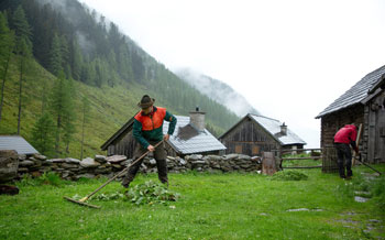 Die Gebrüder Brandner bei der Arbeit auf der Tuchmoaralm. (Foto: Andreas Niessner/Niessner Film/ServusTV)