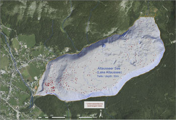 Die dunkelroten Punkte markieren Unterwasserbäume im See. (Grafik: Fotos: Universität für Bodenkultur Wien)