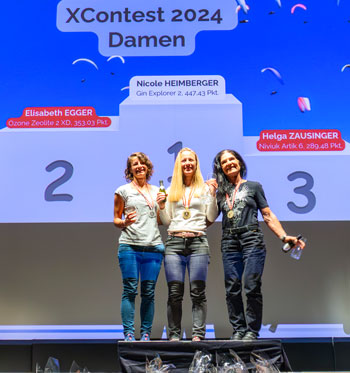 Staatsmeisterin im Streckenfliegen wurde Nicole Heimberger vor Elisabeth Egger (l.), beide vom Ennstaler Gleitschirmverein „Mojo“. (Foto: KK)
