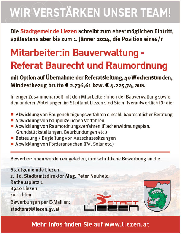 Jobangebot Stadtgemeinde Liezen