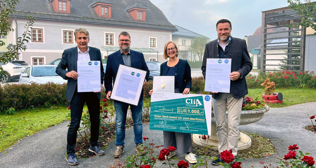 V. l.: Bürgermeister Werner Schwab (Sölk), Bürgermeister Franz Zach (Öblarn), KLAR! Managerin Natalie Prüggler, Bürgermeister Dieter Stangl (Michaelerberg-Pruggern)